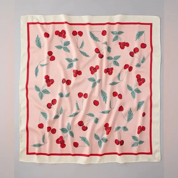 AE Ivory Pink Red Green Cherry Print Satin Square Bandana Scarf - Picture 2 of 8